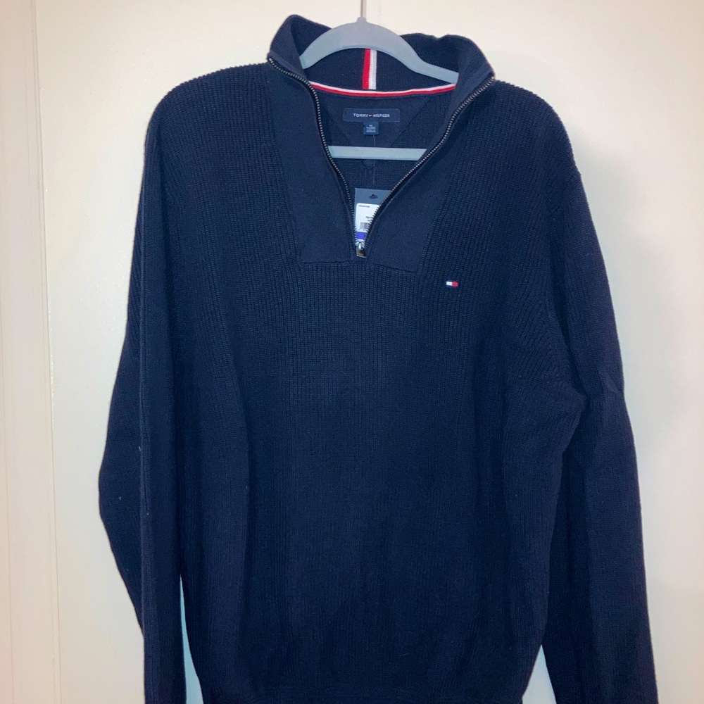 Dark blue quarter zip knit sweater